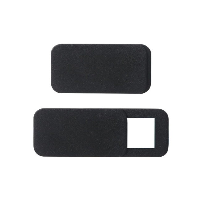 Two black mini webcam covers arranged vertically, one with a cutout and the other solid, featuring a subtle texture.