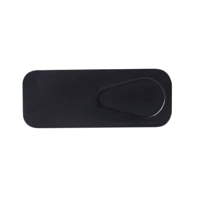 A black webcam cover with a sliding mechanism for lens protection. It features a simple design and has a logo.