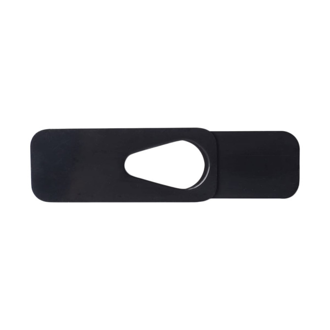 A black smart webcam cover with an oval cutout, designed to protect privacy while using a webcam.