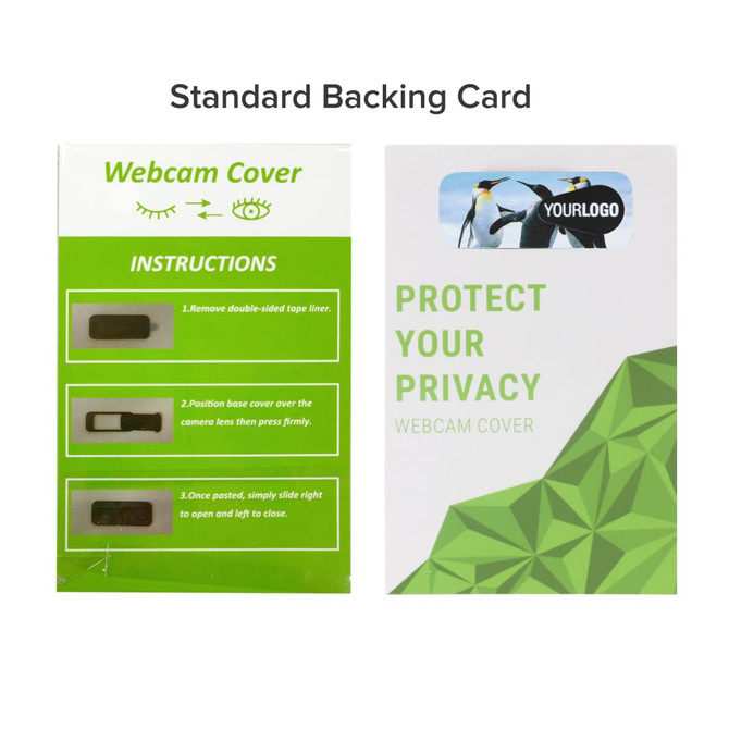 A standard backing card featuring a smart webcam cover with instructions and a logo, designed in green and white.