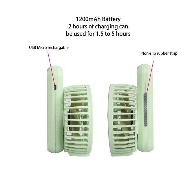 A foldable USB fan in light green with a non-slip rubber strip and rechargeable USB micro. Features a battery indicator.
