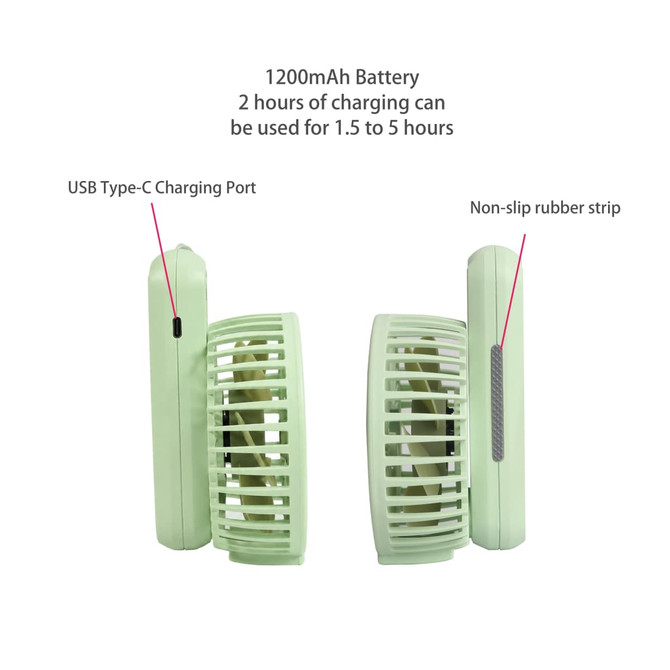 A green foldable USB handy fan with a Type-C charging port and non-slip rubber strip design.