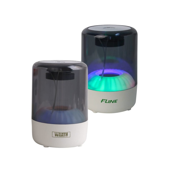 Two portable Bluetooth speakers with a sleek design, featuring a transparent casing and LED lighting in blue and green.