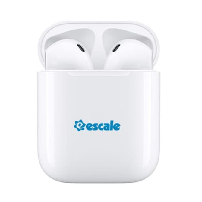 A pair of white wireless earbuds housed in a white charging case with a logo.