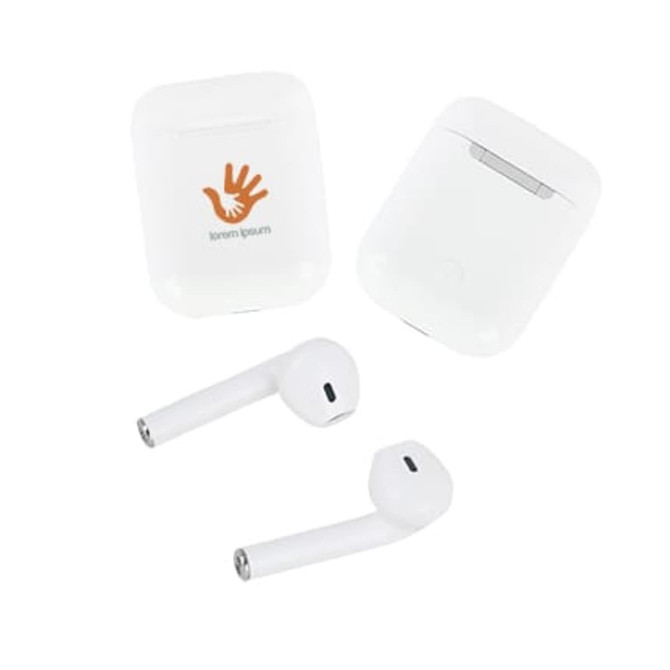 White wireless earbuds with a matching charging case featuring a logo.