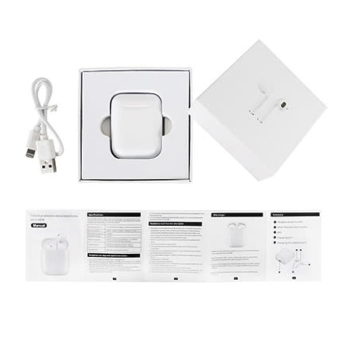 A set of white wireless earbuds in their box, accompanied by a charging cable and instruction manual.