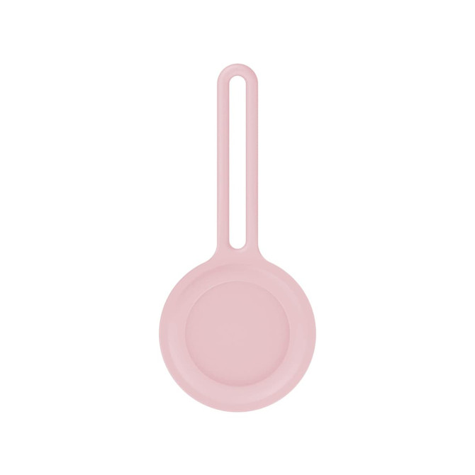 A pink Air Tag protective case with a loop for attachment. It features a smooth, rounded design.