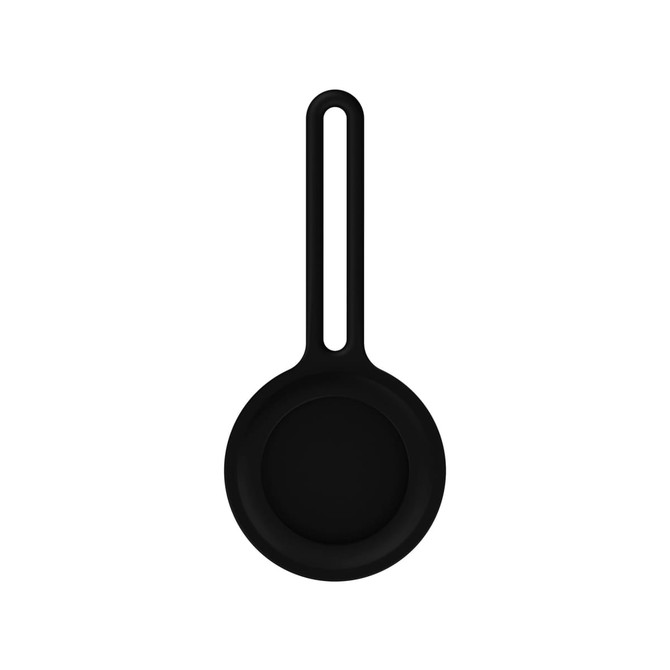 A black Air Tag protective case with a loop for attachment, designed for device safety.