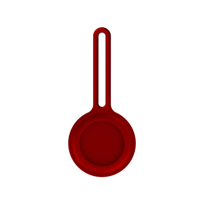 A red Air Tag protective case with a hanging loop, designed to secure and protect the device.