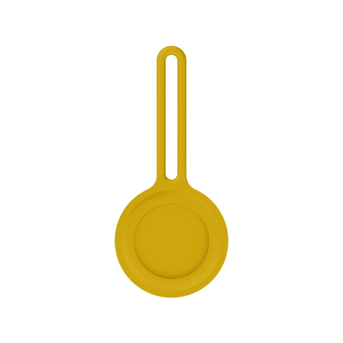 A yellow Air Tag protective case with a loop for attachment, featuring a smooth, minimalist design.