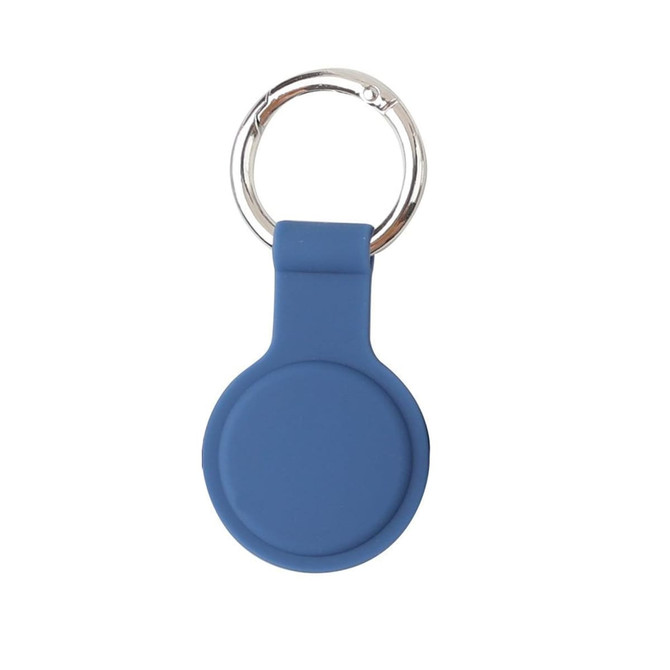 A blue silicone Air Tag protective case with a silver keyring attachment.