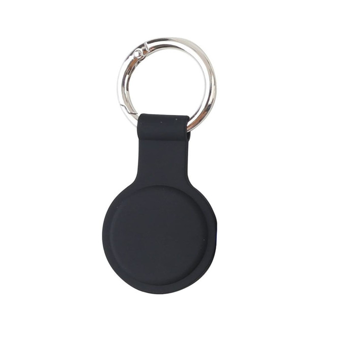 A black Air Tag protective case with a keyring attachment. The case has a smooth, rounded shape.