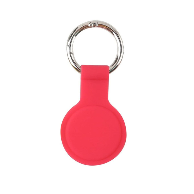 A red silicone protective case for an AirTag, featuring a metal keyring attachment.