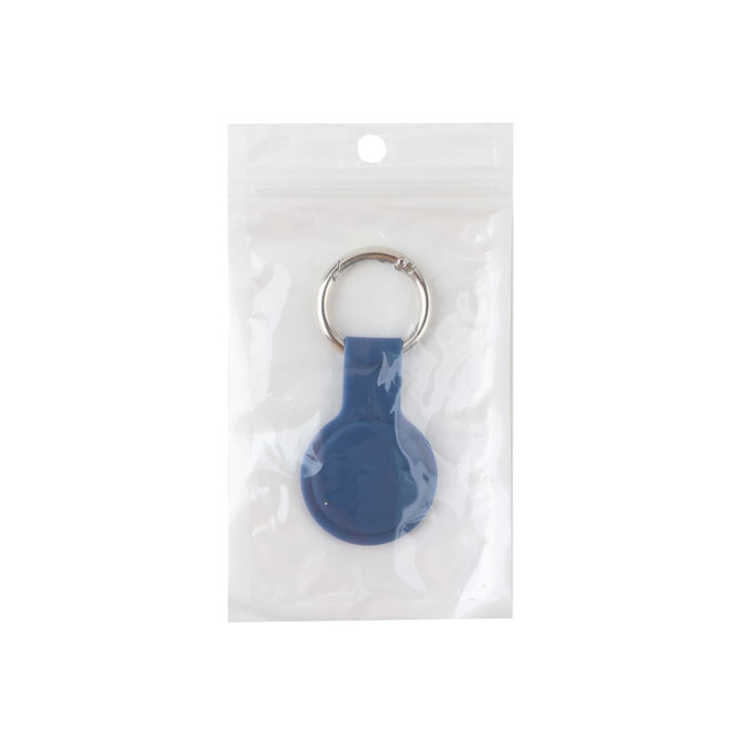 A blue protective case with keyring for an Air Tag, packaged in a clear plastic bag.