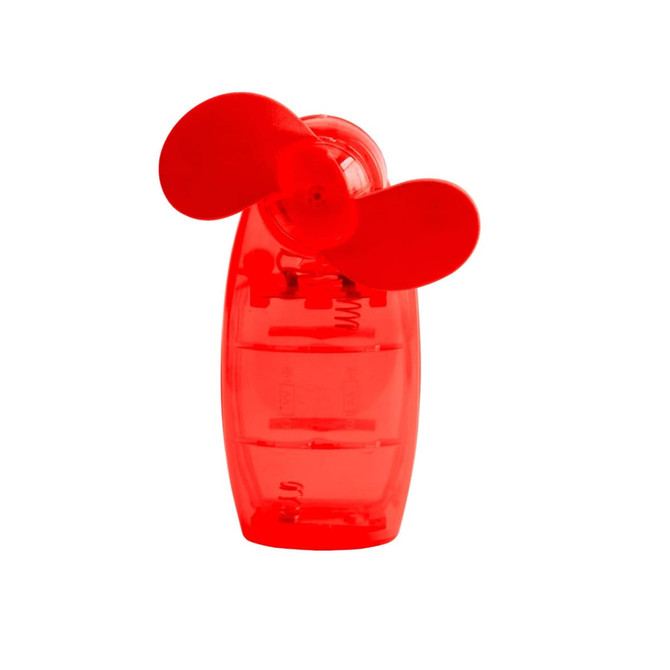 A transparent red handy fan with two propeller blades and a small branding logo.