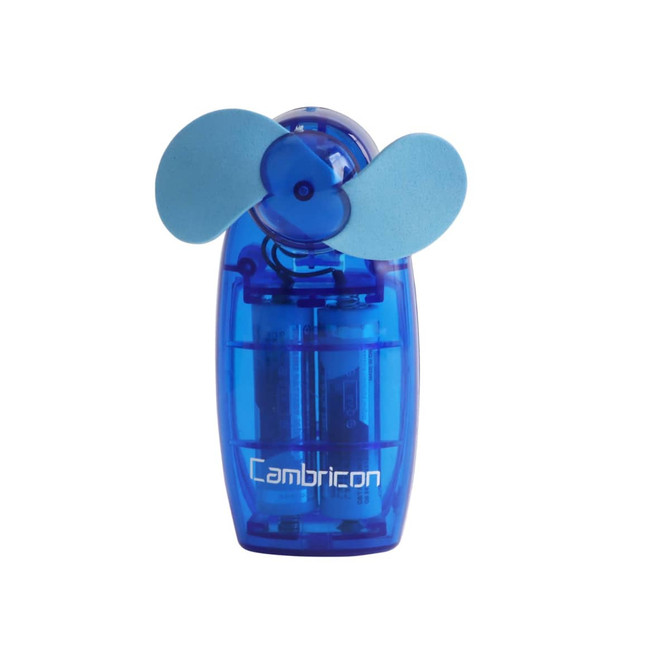 A transparent blue handy fan with blue blades and a visible internal battery compartment, featuring a logo.