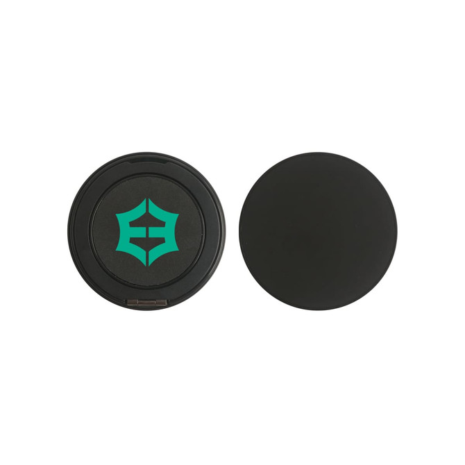 A round black magnetic wireless charging stand with a logo on one side and a smooth, plain surface on the other.