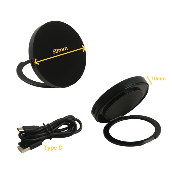 A black magnetic wireless charge stand with a Type C cable, featuring a circular design measuring 59mm in diameter.