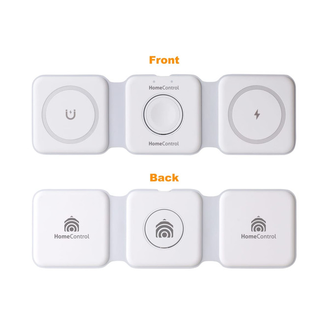 A foldable MagSafe wireless charger in white, featuring three charging pads on the front and a logo on the back.