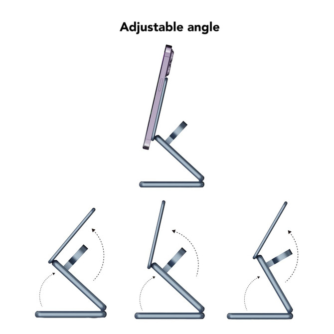 A foldable wireless charger stand in grey, showcasing adjustable angles for optimal device positioning.