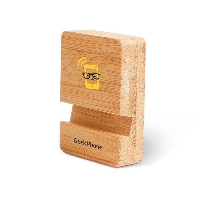 A bamboo phone holder in a natural finish with a logo is displayed on a white background.