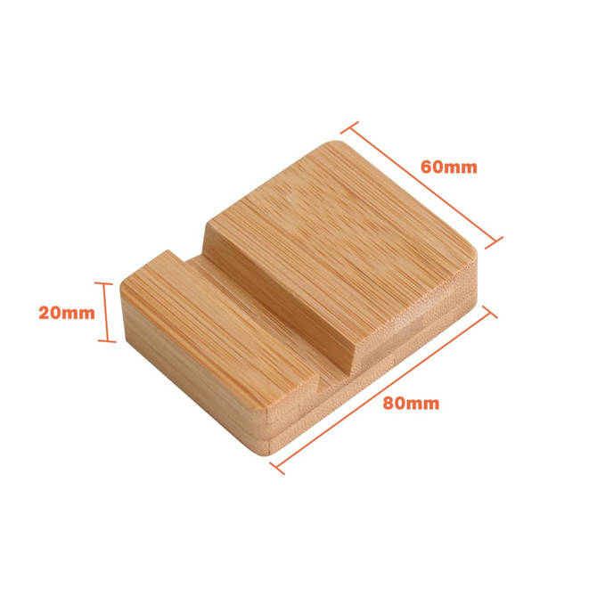A bamboo phone holder with a rectangular design, featuring a groove for phone placement, measuring 80mm by 60mm.