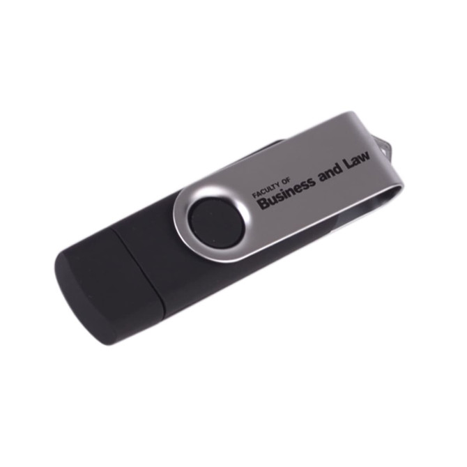 A black and silver double-end flash drive with a clip and a logo.