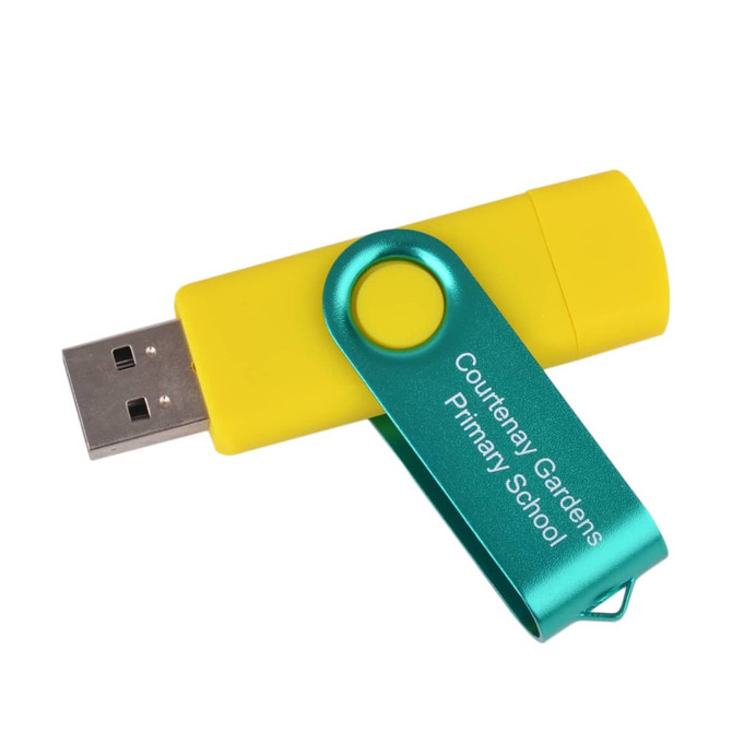 A bright yellow and teal double-end flash drive with a branded logo.