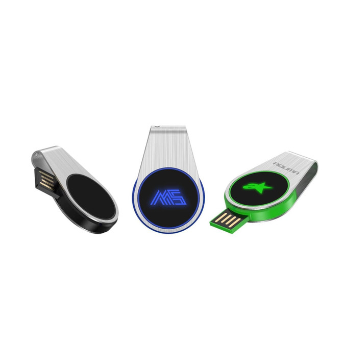 A collection of three swivel flash drives in silver, black, and green, each featuring a logo and LED light.