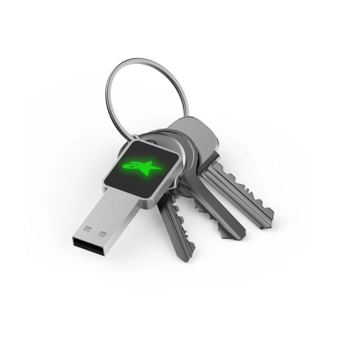 A square flash drive in silver, attached to a keyring with three metal keys, featuring a green logo.