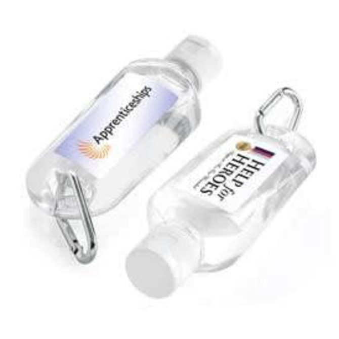 A clear 60mL hand sanitiser bottle with a carabiner, featuring a logo on each side.