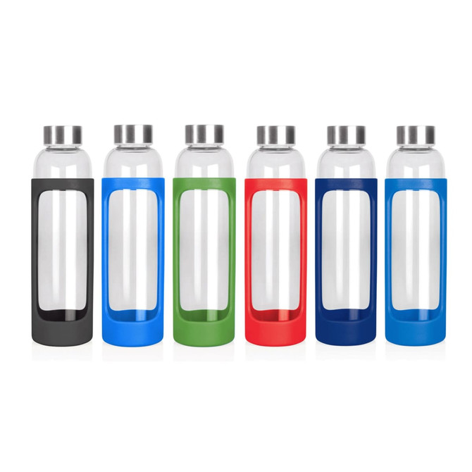 A drink bottle collection featuring transparent glass and coloured silicone sleeves in black, green, red, and blue.
