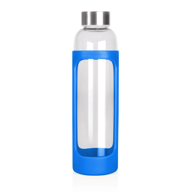 A drink bottle made of glass with a blue silicone sleeve and a stainless steel lid. 600ml capacity.