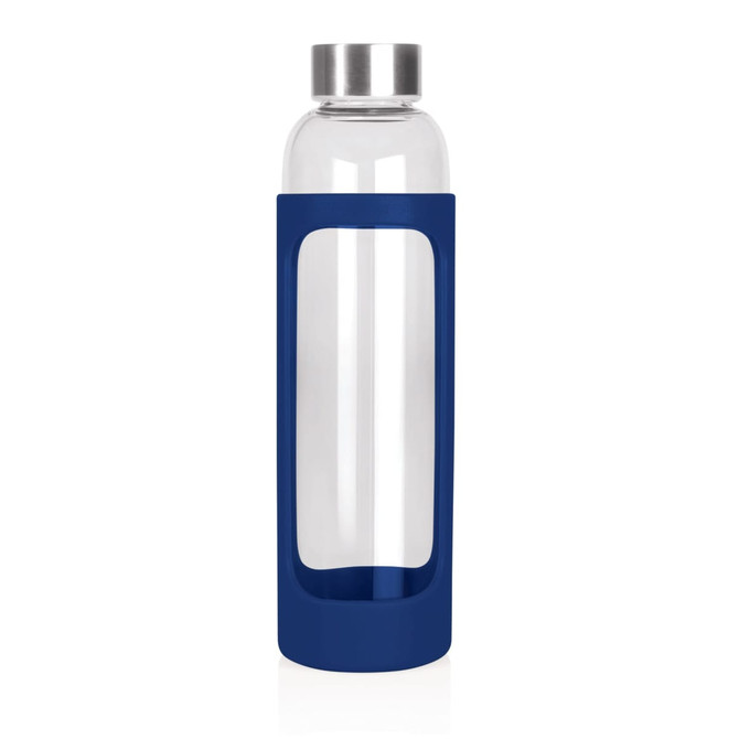 A drink bottle made of clear glass with a navy blue silicone sleeve and a stainless steel lid.