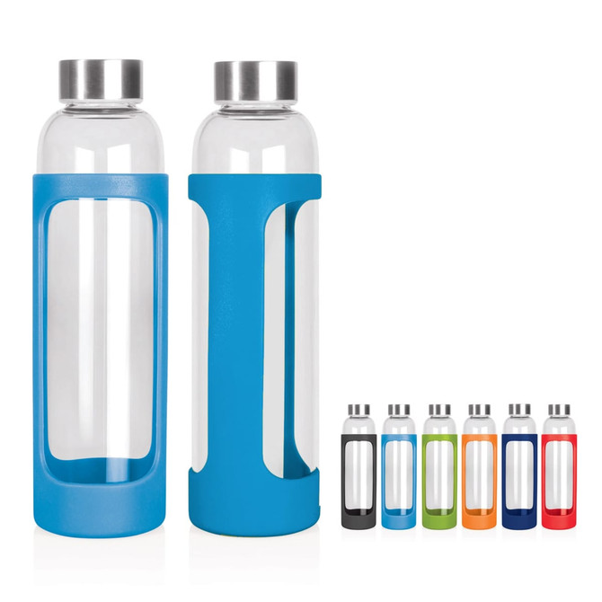 A drink bottle with a transparent glass body and a coloured silicone sleeve, available in multiple colours with a metallic lid.