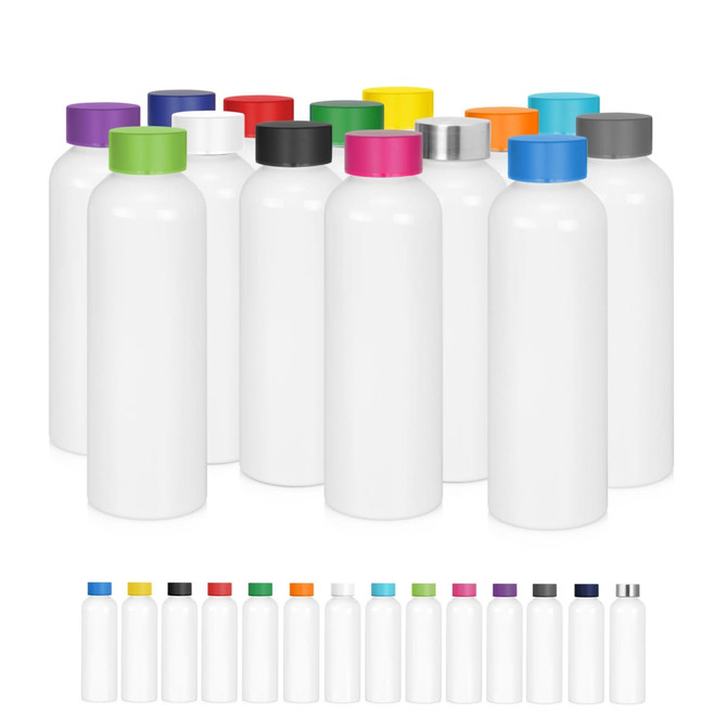 A drink bottle collection featuring various colours with a sleek white body and colourful caps, each with a logo.