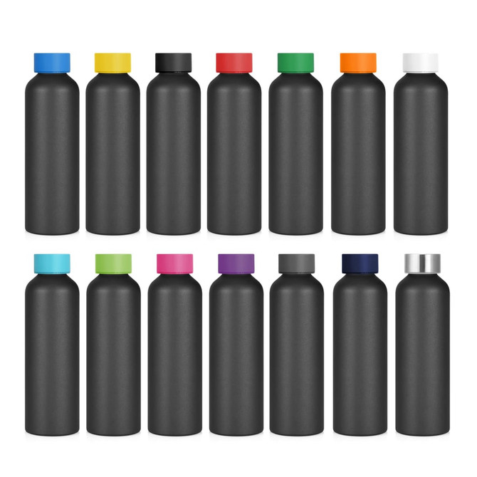 A drink bottle in various colours, featuring a matte black body and contrasting coloured lids, each with a logo.