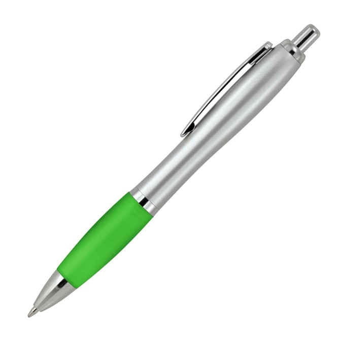 A ballpoint pen with a silver barrel and a bright green grip, featuring a clip at the top.