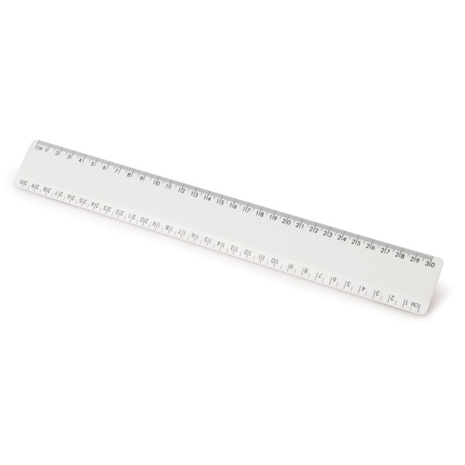 A 30cm clear ruler featuring metric measurements, with a logo on one side.