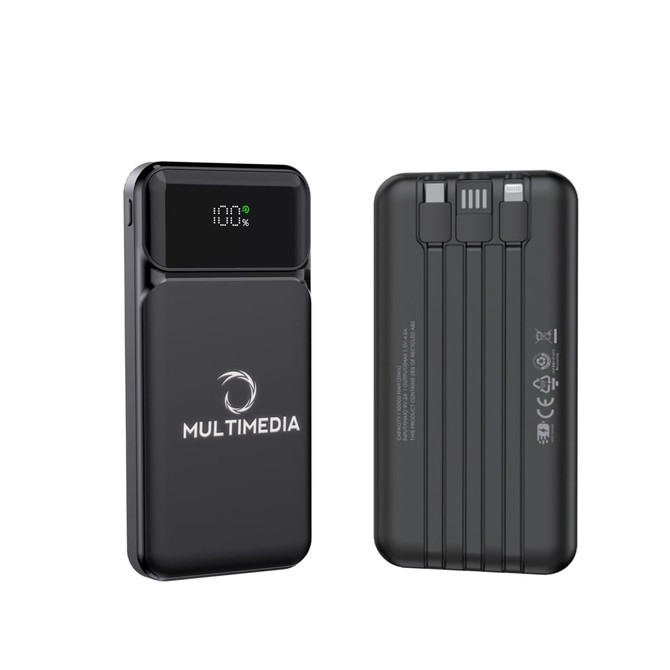 A black 10000mAh power bank with an LED battery indicator and a logo on the front.