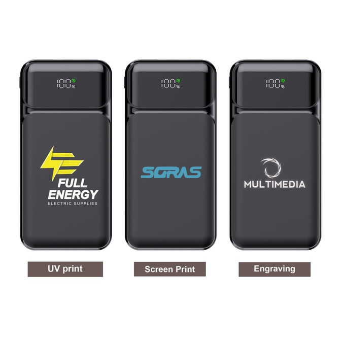 A black 10000mAh power bank with three different logos, featuring a digital display for battery level.
