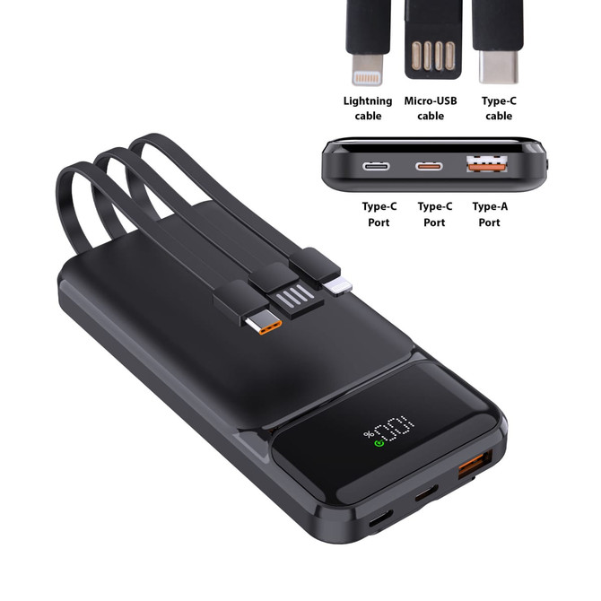 A black 10,000mAh eco fast charging power bank with integrated cables and multiple charging ports.