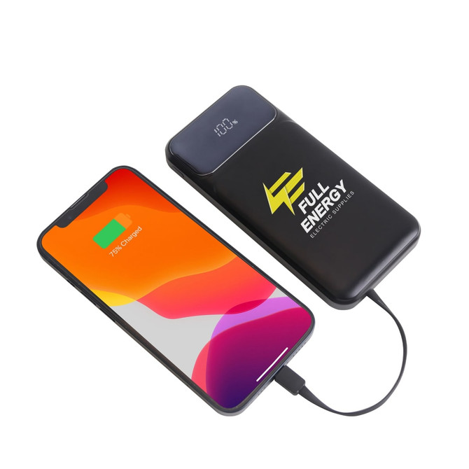 A black 10000mAh eco fast charging power bank next to a smartphone displaying a charging status.
