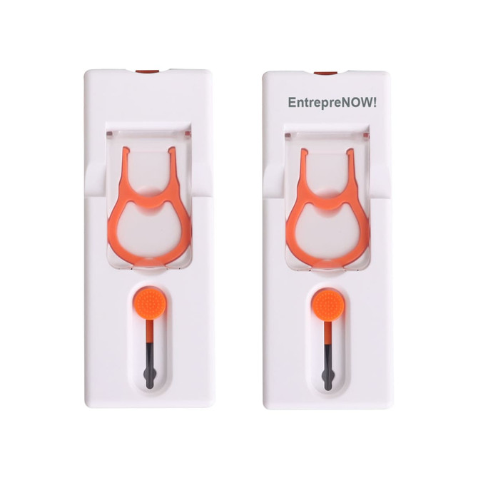 A white cleaning device with orange accents, featuring two compartments and a logo on the top.