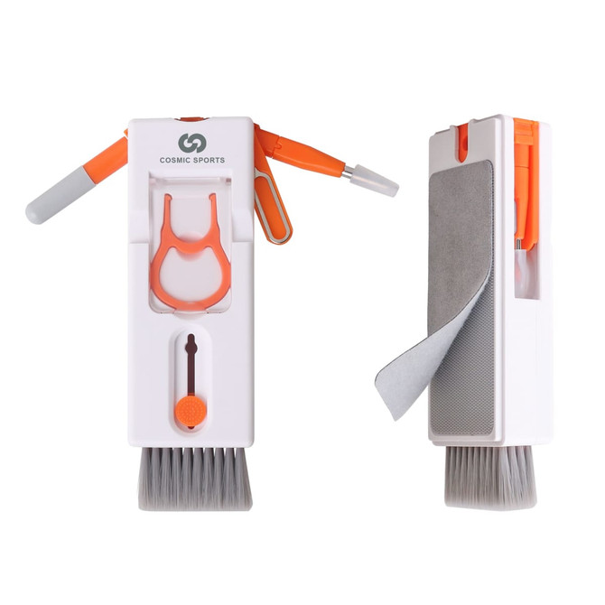 An 11-in-1 cleaning kit in white and orange, featuring various tools like brushes, a cloth, and a compact design.