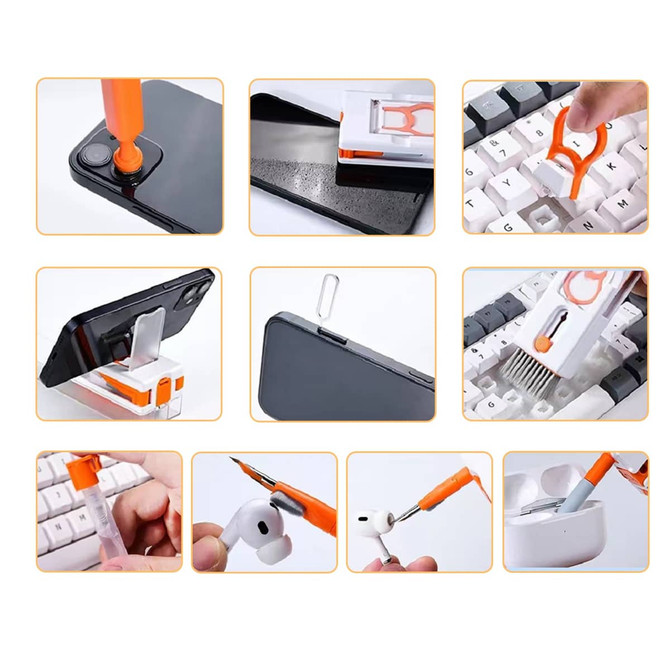 An 11-in-1 cleaning kit in white and orange, including various tools for cleaning electronics like phones and keyboards.