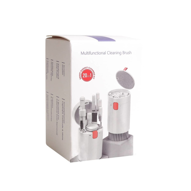 A multifunctional cleaning brush kit in a white and silver box. Contains various cleaning tools for technology devices.