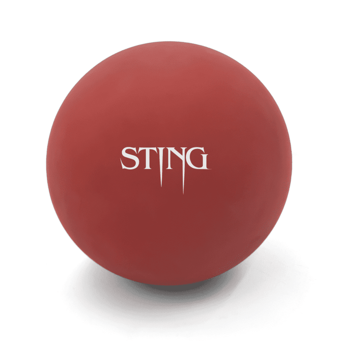 A red high bounce ball with a logo on it, designed for fun and games.