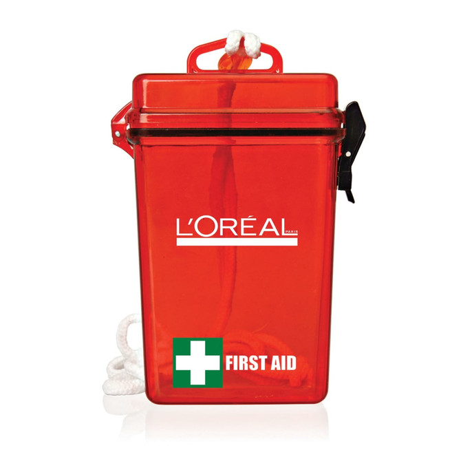 A red waterproof first aid kit featuring a white cross symbol and a rope handle. It includes various first aid supplies.