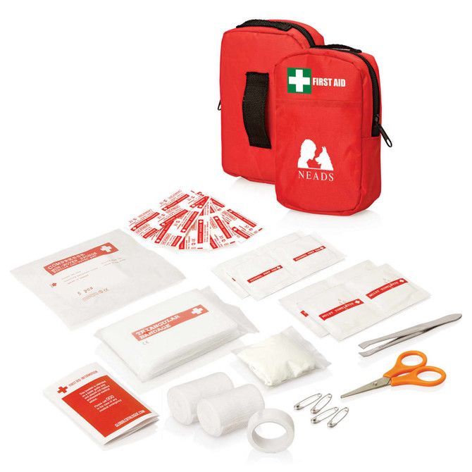A red first aid kit containing bandages, gauze, scissors, tape, and other essential medical supplies, featuring a logo.